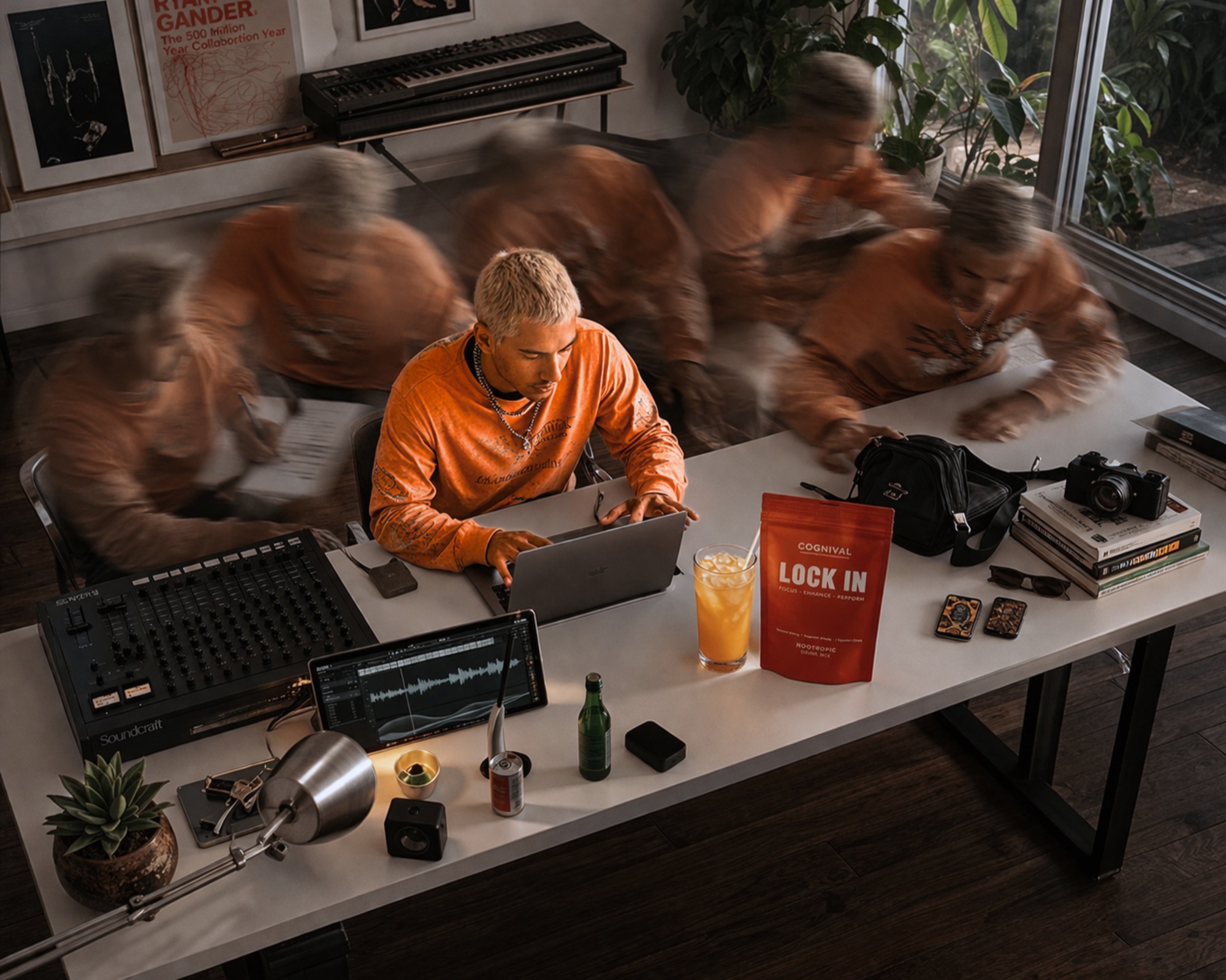 A creator locked into his laptop as the room moves around him, with Cognival Lock In on the table