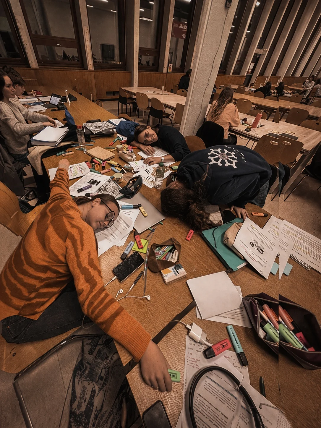 Students working around a messy study table